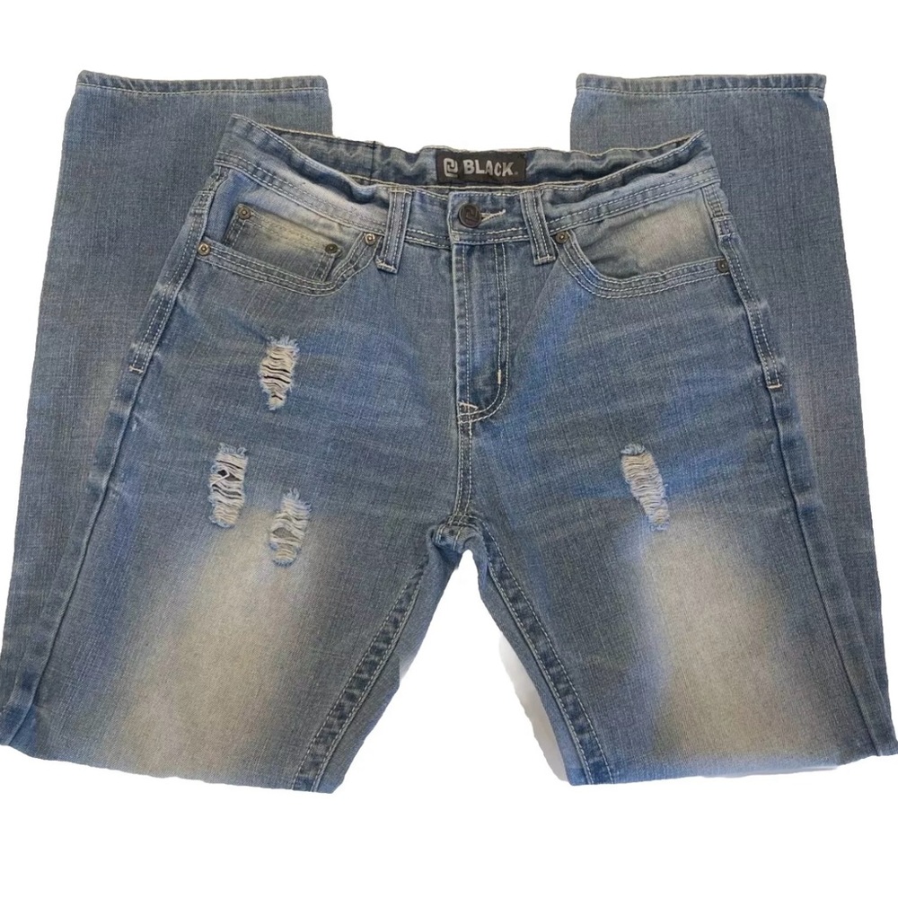 Men’s Black Brand Blue Jeans Relaxed Fit Straight Leg Distressed Size 30…